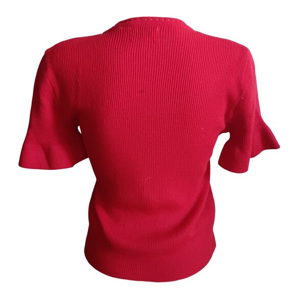 Women's Medium Knit Top Vintage 70s Red Short Sleeve With Ruffle Cuffs Crewneck - Picture 3 of 7